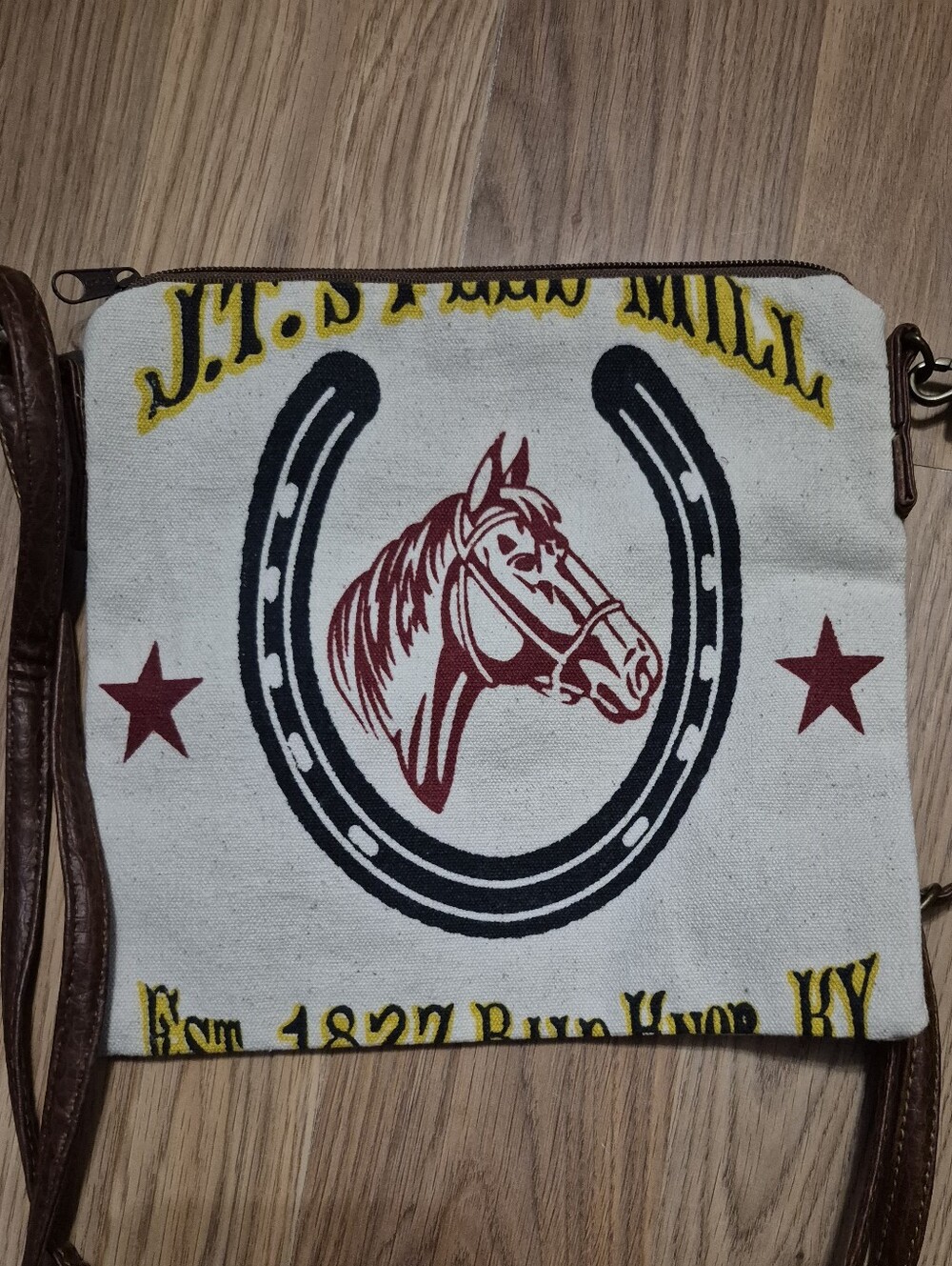 Pine Creek Canvas Horseprint Crossbody Bag in Cream and Brown